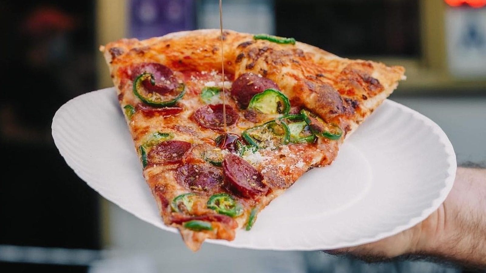Scarr's Pizzas' Pepperoni & Jalapeños topped w/ Extra Hot Honey