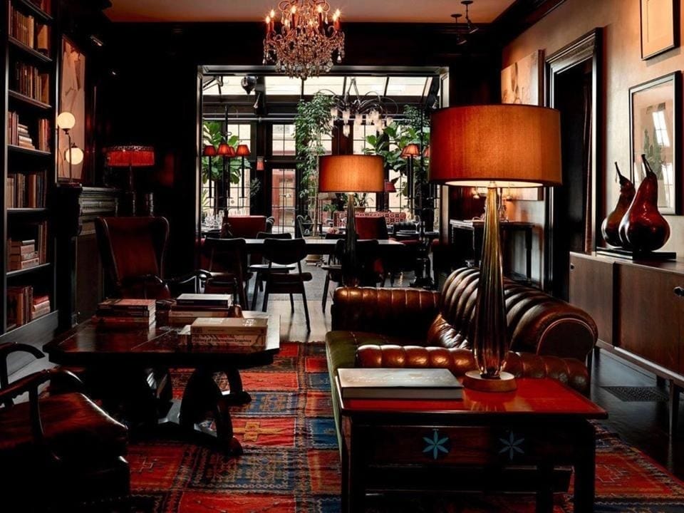 The library at The Maker Hotel in Hudson, NY.