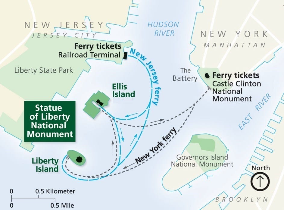 Ferries depart map from both The Battery, NY and Liberty State Park, NJ.