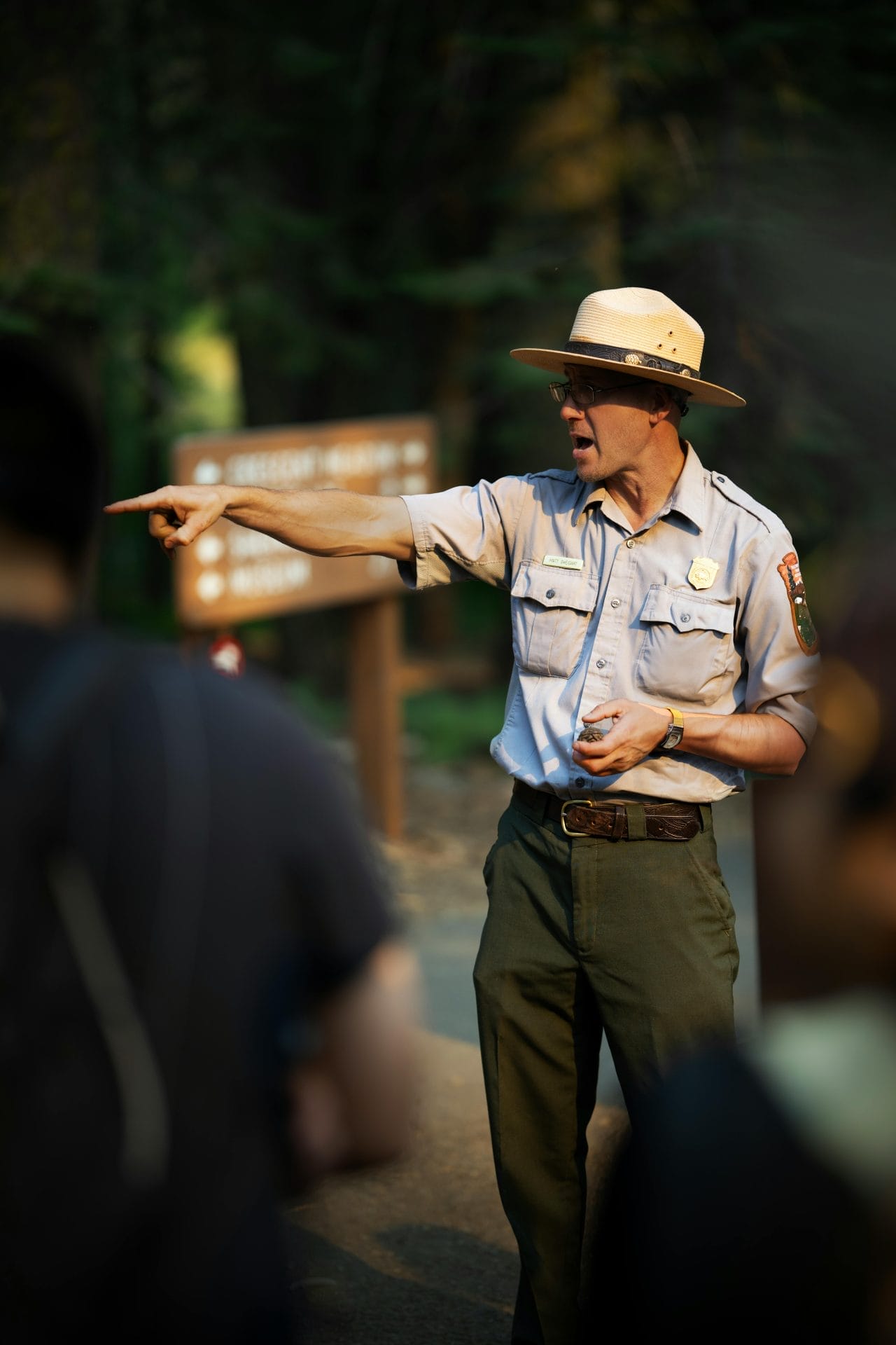 A tour guide, guiding people