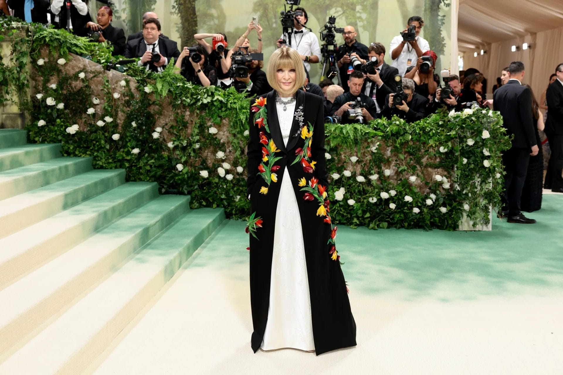 Anna Wintour poses on the 2024 Met Gala red carpet, wearing a long black coat adorned with colorful floral embroidery over a white gown. Image from Vogue.com for the blog post "Met Gala 2025: Celebrities, Red Carpet, Theme & More."