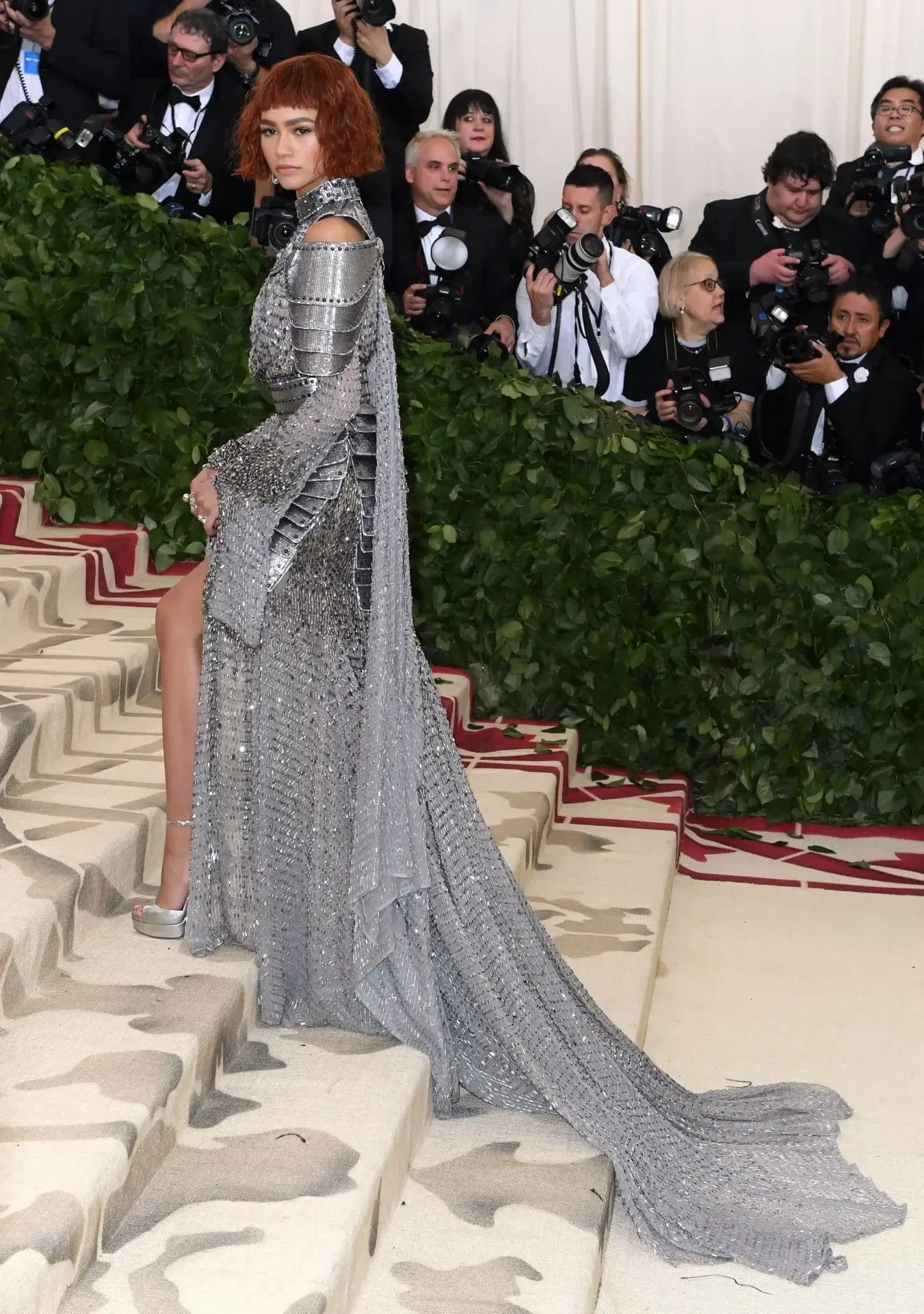 Zendaya wearing silver dress giving Joan de Arc vibes, Met Gala