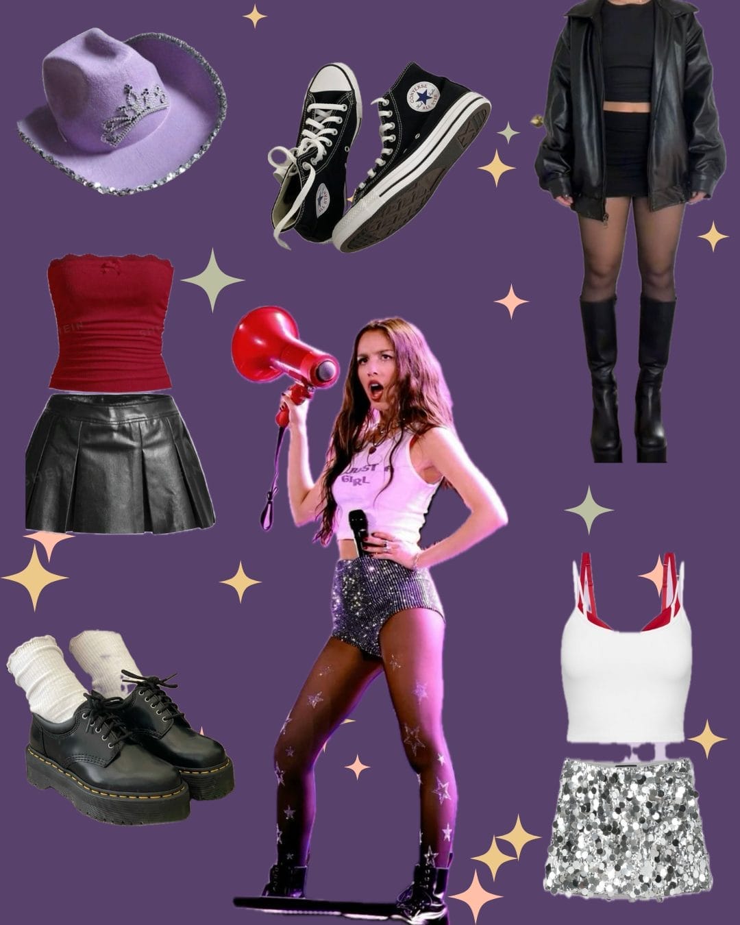 Collage of Olivia Rodrigo outfit ideas including Doc Martens, sparkly skirts, Y2K stye and Converse.