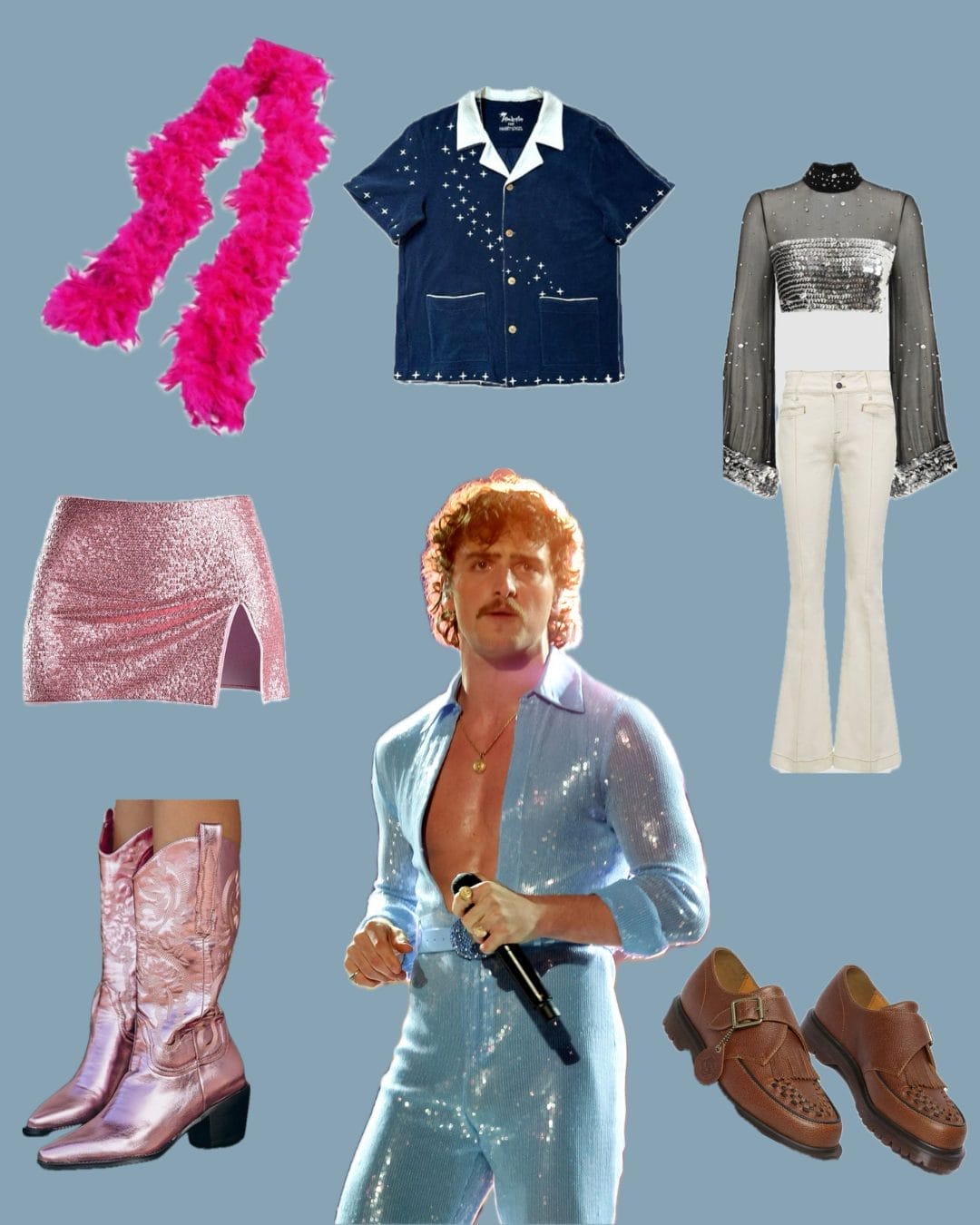 Collage of outfit ideas for Benson Boone including brown sparkly bottoms, wide leg pants, shimmery boots and sparky tops.