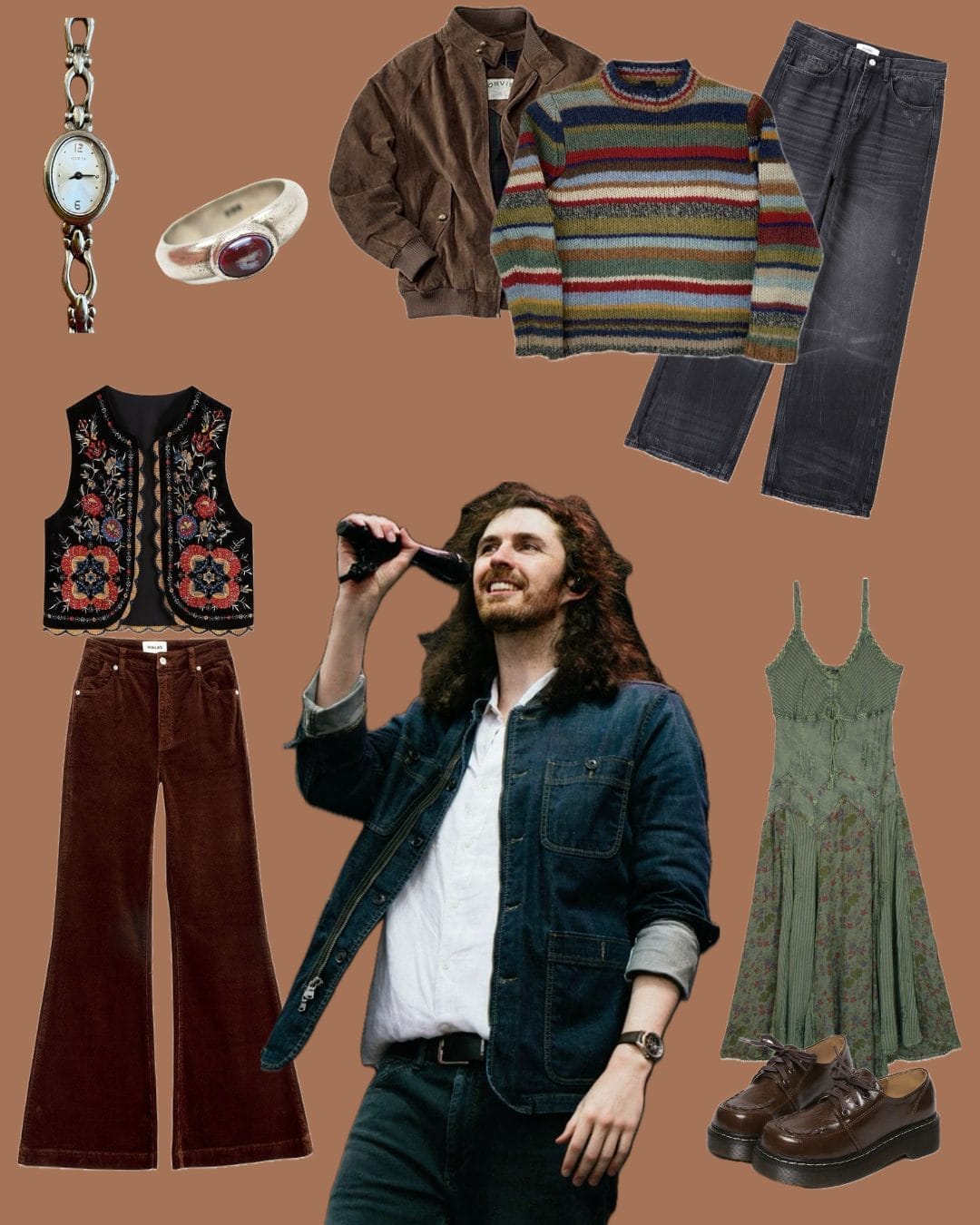 Collage of Hozier concert outfit ideas including wide leg bottoms, Doc Martens, and earth-toned clothes.