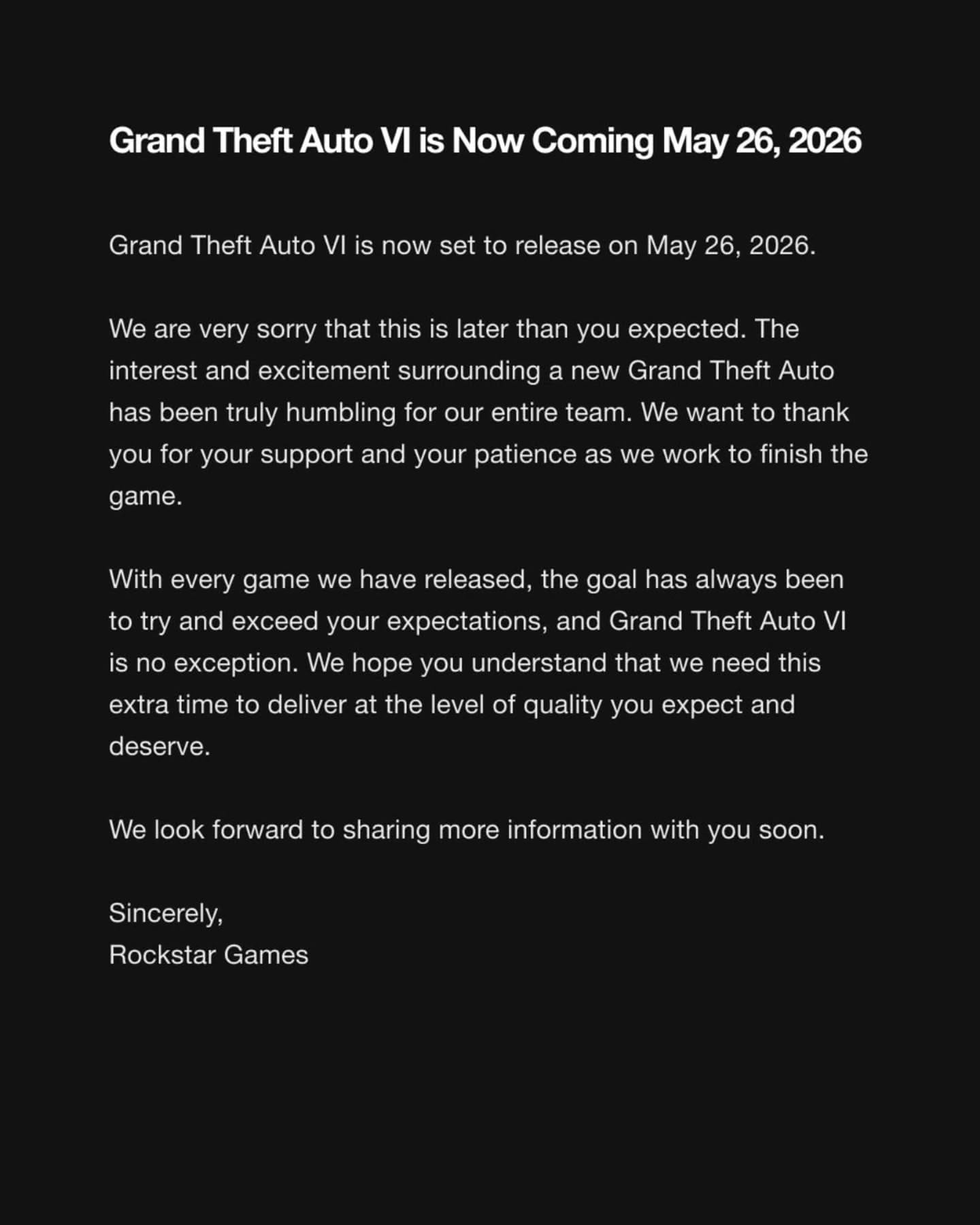 Grand Theft Auto VI Delay Confirmed Until 2026